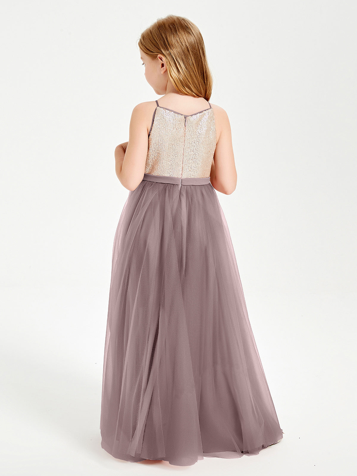 Sequined Top Long Tulle Junior Bridesmaid Gown Vintage Mauve